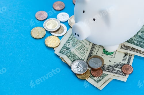 Preview: White piggy bank and US dollars