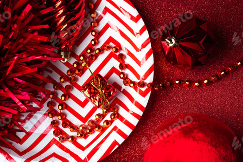 Preview: Merry christmas and happy new year item decor with bauble,tinsel,glitter on red background