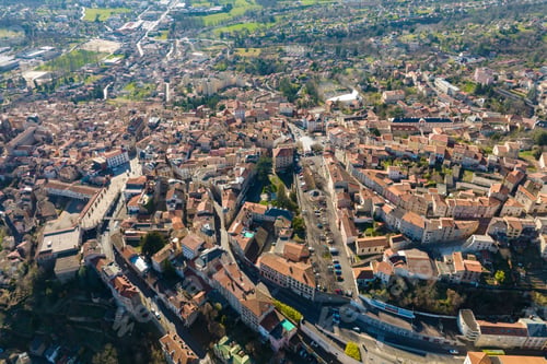 Preview: Aerial view of dense historic center of Thiers town in Puy-de-Dome department