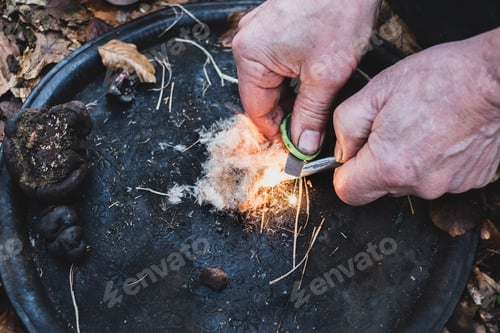 Preview: High angle close up of person igniting tinder to start a campfire.