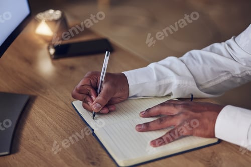 Preview: Notebook, pen and hands of professional person writing notes of journalist story, summary and plann