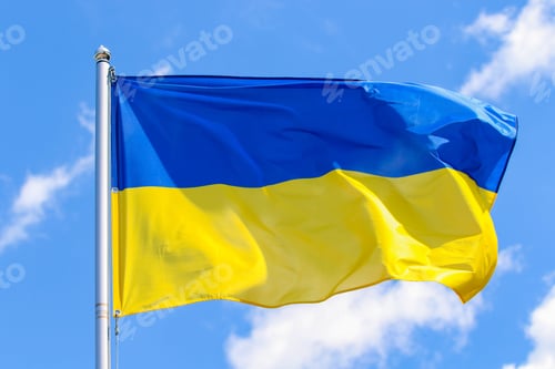 Preview: The national flag of Ukraine against a backdrop of blue sky