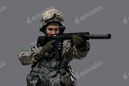 Preview: Brave woman soldier aiming rifle against grey background
