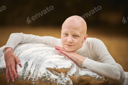 Preview: Portrait of young hairless girl with alopecia in white cloth hugging figure of tardigrade