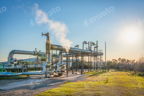 Preview: Geothermal energy. Pipelines of a plant in Larderello, Tuscany region, Italy