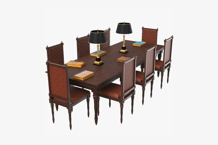 Preview: Library Table, Dark Wood Dining Set with Lamps and Books