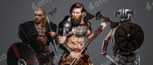 Preview: Nordic barbarians from past with armor shield and axes