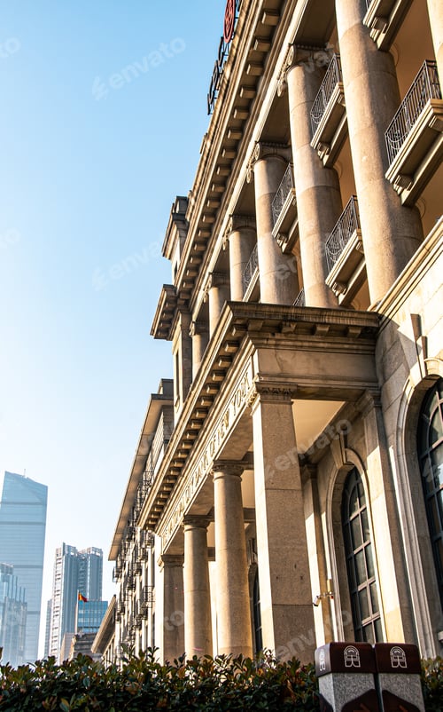 Preview: Vertical of an old stone building on a sunny day in Wuhan, China
