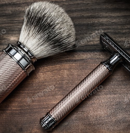 Preview: Safety razor and shaving brush on a wooden background