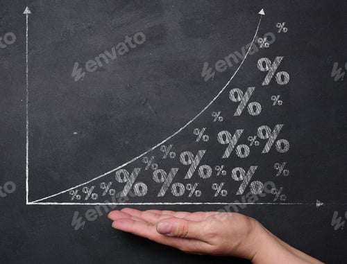 Preview: Woman's hand and a graph with growing indicators, income increase, inflation