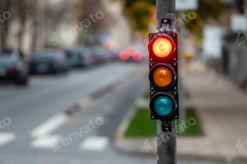 Preview: traffic light on the street junction with beautiful bokeh, city with cars in the background