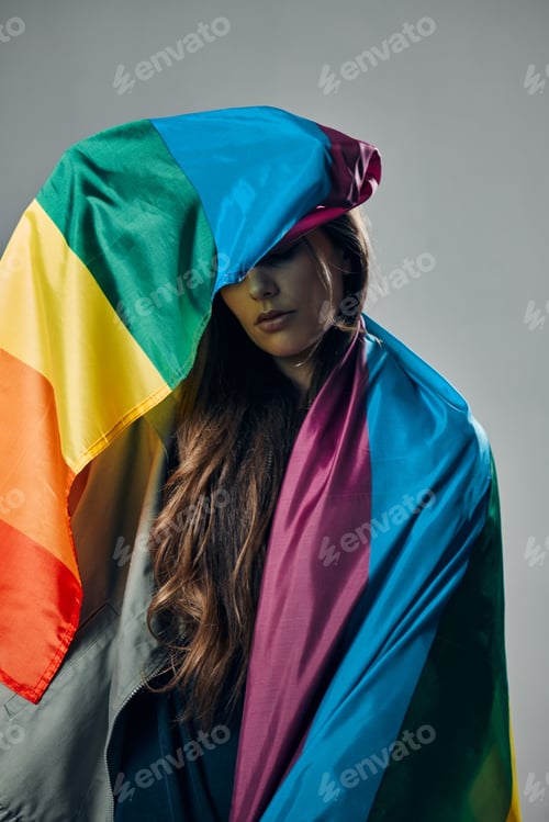 Preview: Rainbow flag, pride and woman, lgbtq and freedom to love, inclusion and equality, protest for human