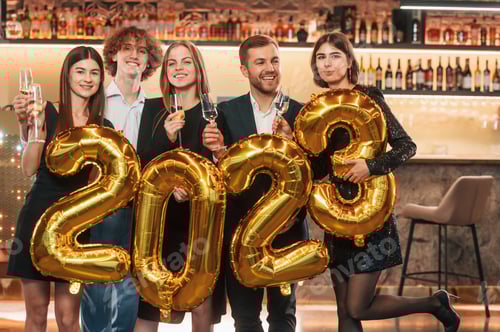 Visualização: Grupo de pessoas com lindas roupas elegantes estão comemorando o Ano Novo em ambientes fechados juntos