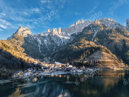 Preview: Aerial drone view of the Alleghe village, Italy in daylight