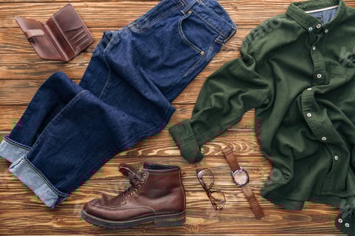 Preview: Top view of green shirt, jeans and leather wallet on wooden background