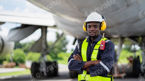 Preview: Engineer inspecting airplane engine with safety tools.