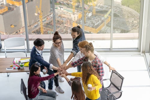 Preview: Top view scene of Asian and Multiethnic Business people standing and Hand coordination
