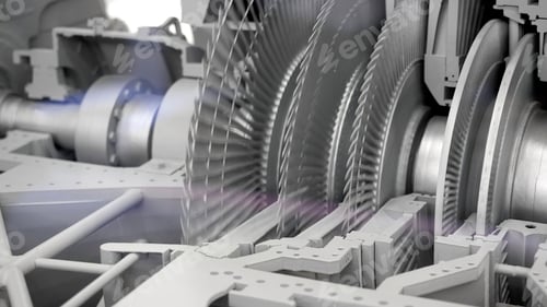 Preview: Close up of balancing steam turbine spinning rotor. Media. Industrial background with spinning fast