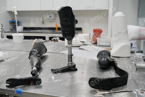 Preview: Orthopedic technician making prosthetic leg for disabilities people in workshop.