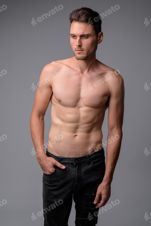 Preview: Studio shot of handsome muscular man shirtless
