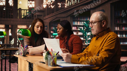 Preview: Mature team of performers rehearsing script dialogue together in a library