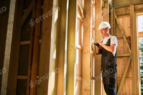 Preview: Carpenter working with screwdriver while constructing wooden framed house.