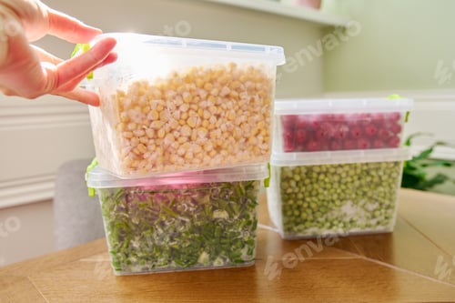 Preview: Frozen vegetables and fruits, close-up frozen green onions, peas, cherry, corn