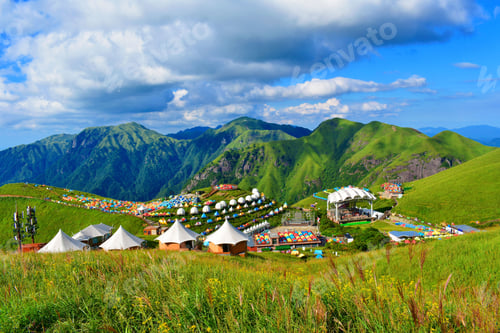 Preview: Colorful pavilions on the green Wugong Mountain during a camping festival in Pingxiang, China