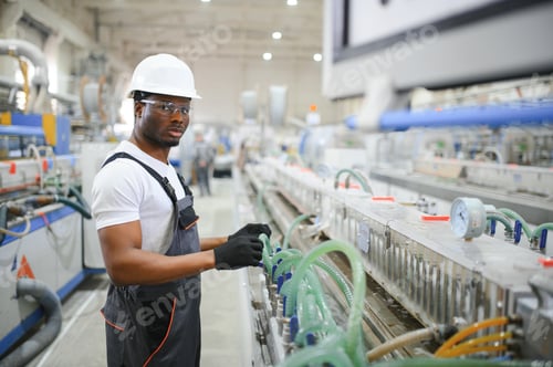 Preview: Industrial worker indoors in factory. Young technician with white hard hat