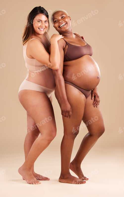 Preview: Pregnant body, portrait and bonding women on studio background in body empowerment, love or baby su