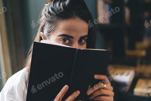 Preview: Serious woman with book looking at camera