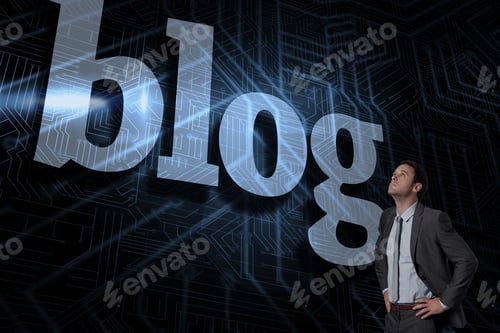 Preview: The Word Blog And Serious Businessman With Hands On Hips Against Futuristic Black And Blue
