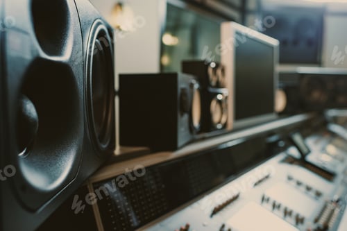 Preview: close-up shot of dynamic monitors at recording studio