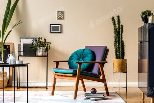 Preview: Interior design of retro modern living room with stylish blue navy commode.
