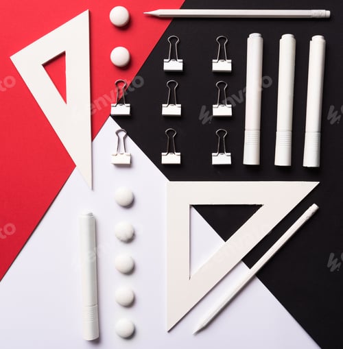 Preview: Office supplies on the white red and black background table