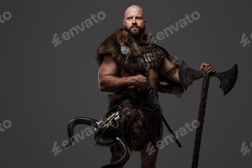 Preview: Viking man in a beard and bald head against a gray background