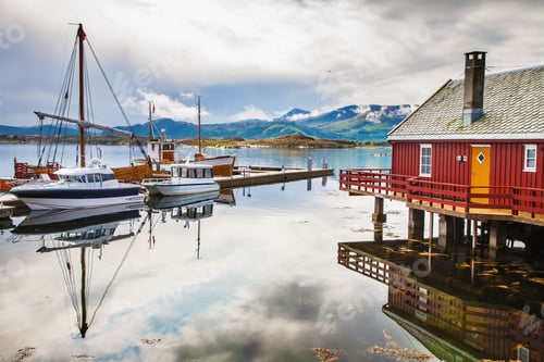 Preview: traditional fisherman houses rorbu and boats at Haholmen island,