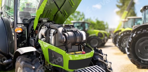 Preview: Agricultural machinery industry. Inspection of a modern tractor engine at a dealership