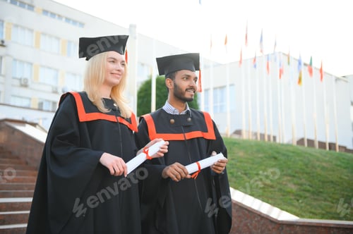 Preview: education, graduation and people concept - group of happy international students.