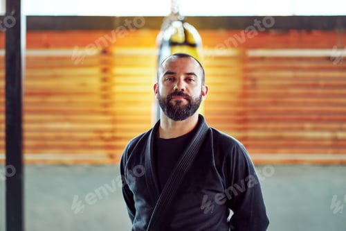 Preview: Confident martial arts master posing in his gym with a punching bag in the background
