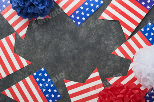 Preview: 4th of July background. USA paper fans, Red, blue, white stars, balloons, gold confetti on gray dark