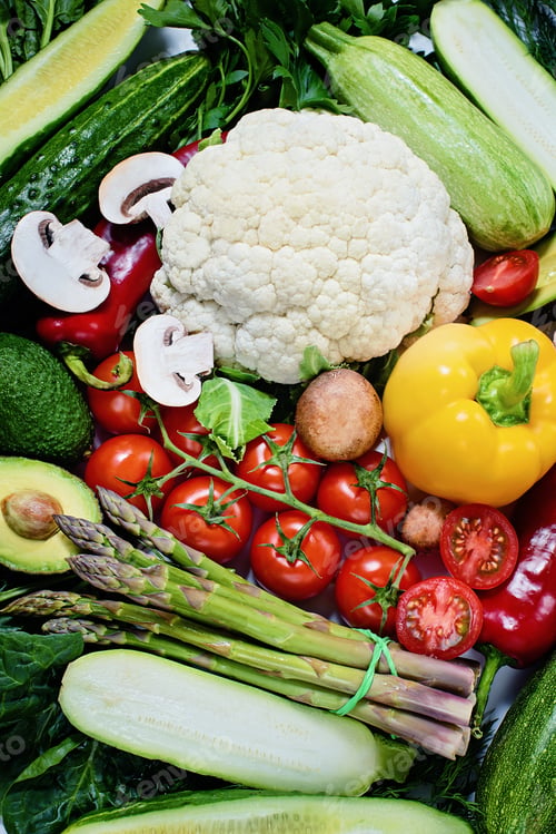 Preview: various vegetables isolated on white background.