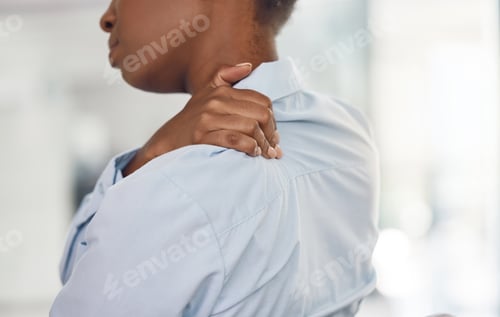 Preview: Corporate woman and shoulder pain injury inflammation and backache problem with back view. Business