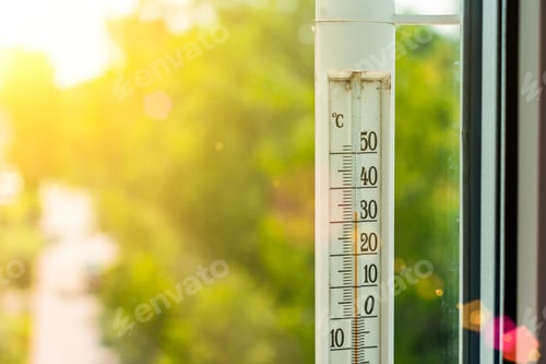 Preview: The thermometer outside the window shows a very hot air temperature, heated by the rays