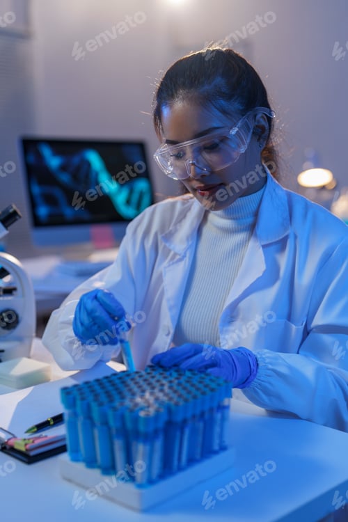 Preview: Female scientist wearing protective glasses and gloves, examining test tubes in a modern laboratory,