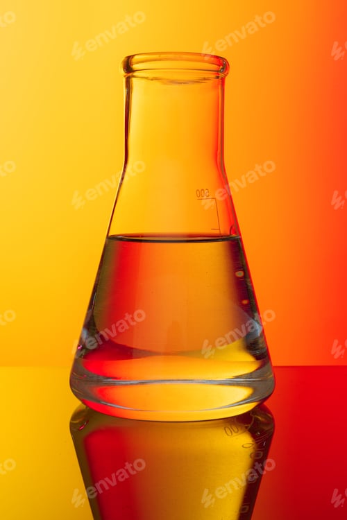 Preview: Science concept. Glass test tubes on red background