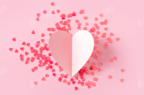Preview: Red heart confetti papet pink heart on pink background, valentines day concept celebration