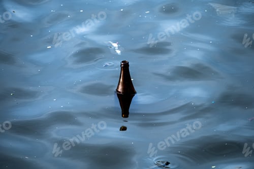 Preview: Used glass bottle floating in dirty river