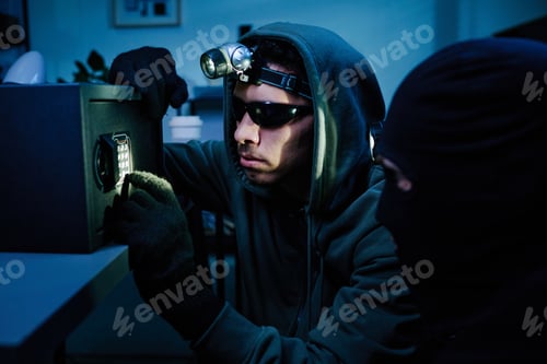 Preview: Young Man Wearing Hoodie Breaking into Safe in Office at Night