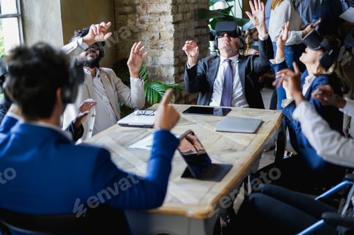 Preview: Business people wearing virtual reality goggles inside office - Focus on senior man face